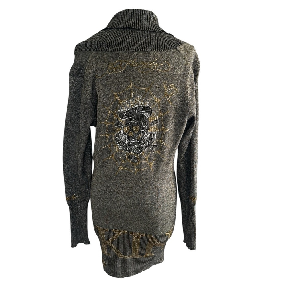 Ed Hardy Metallic Gray & Gold Mini Dress Sweater